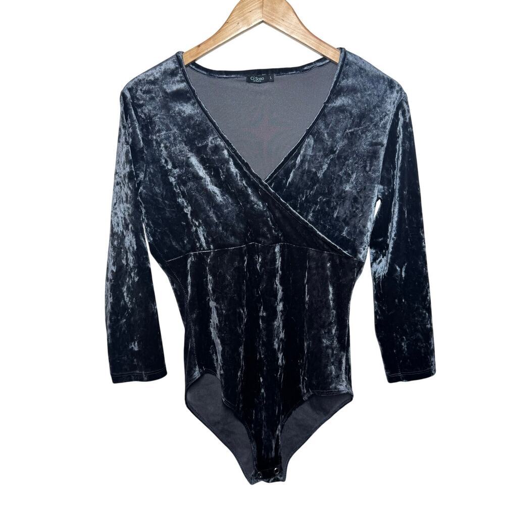 Women Size L Velvet Bodysuit Blue Babydoll 3/4 Sleeve Y2K Dark‎ Romantic Witchy